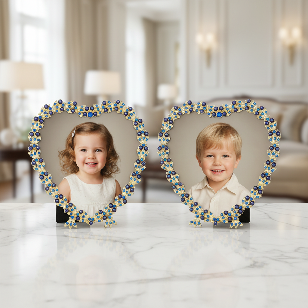 Contessa Heart 3.5" Picture Frame with Sapphire Crystals and Blue Pearls