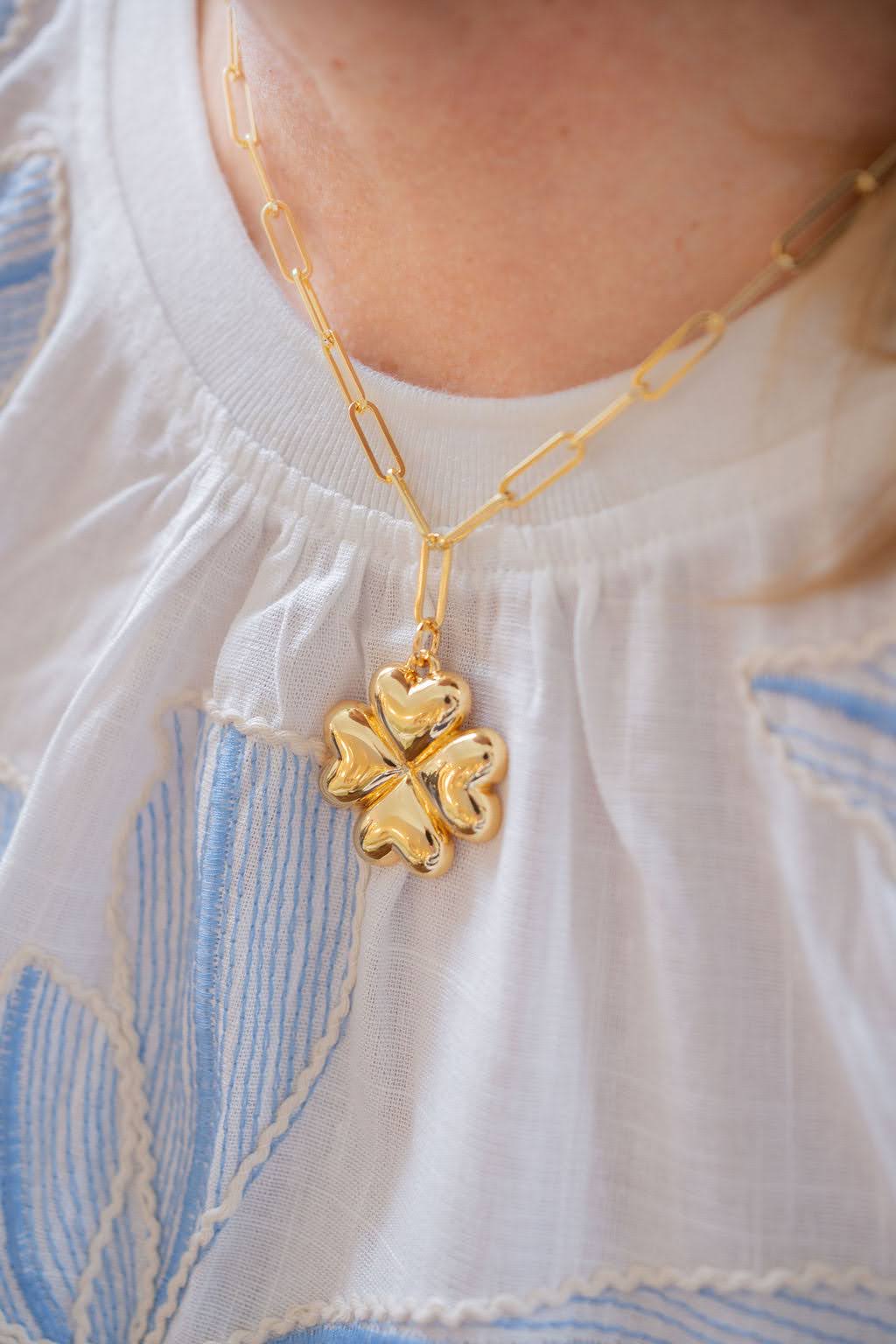 Puffy Shamrock Necklace with gold chain - 18k Plated Necklace