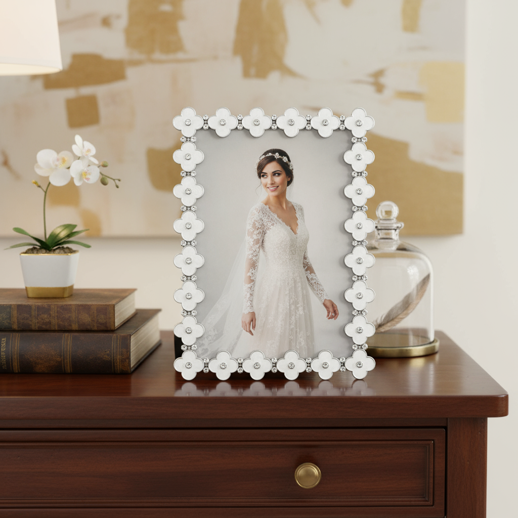 White Enamel Clover Picture Frame, Silver