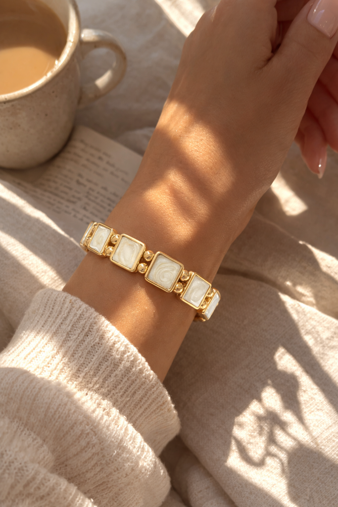 Ivory & Gold Square Stretch Bracelet