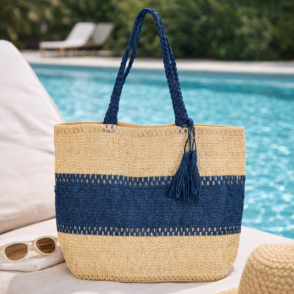 Two Tone Navy Raffia Tote
