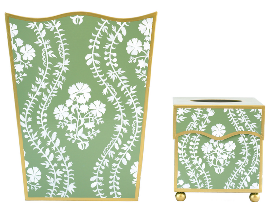Green Floral Trellis Wastepaper Basket & Tissue