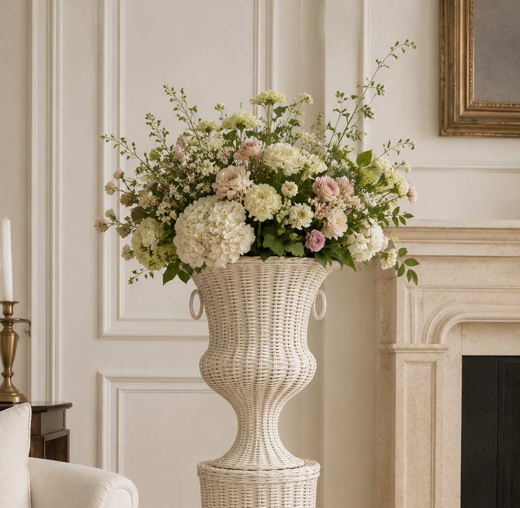 White Round Wicker Urn and Pedestal (3 Options)
