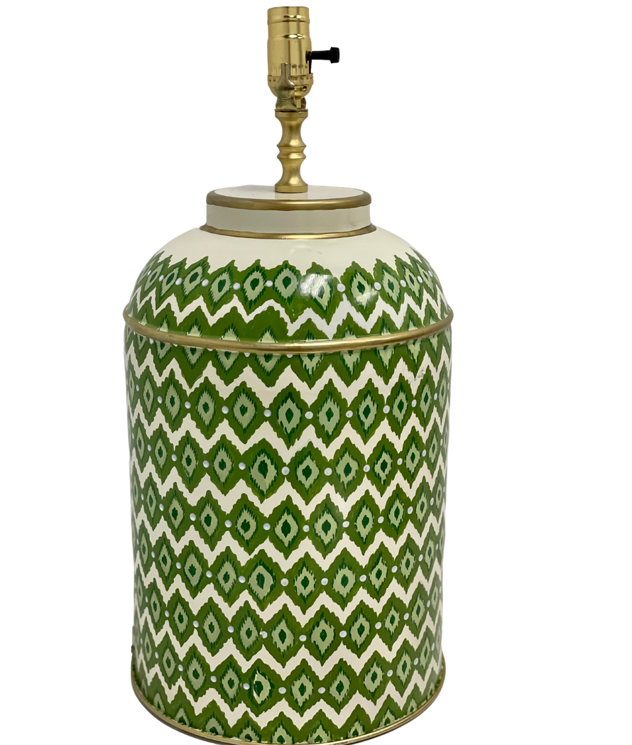 Incredible mossy green Ikat tole lamp