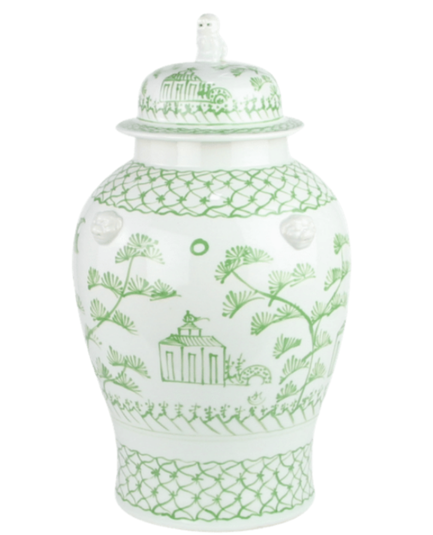 Large Green and White Village Scene Jar