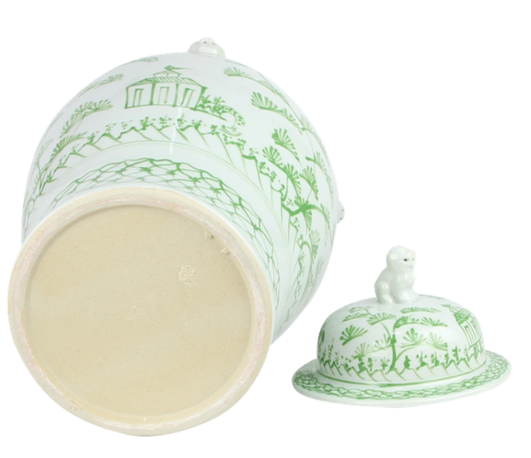 Large Green and White Village Scene Jar