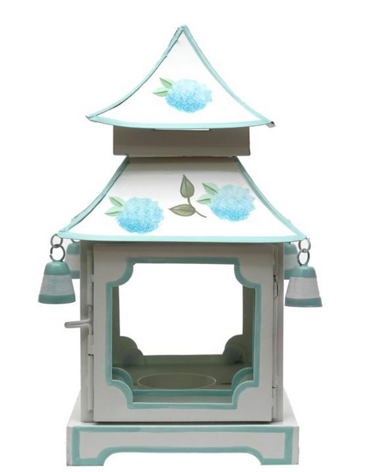 Fabulous pale aqua hydrangea handpainted pagoda lantern