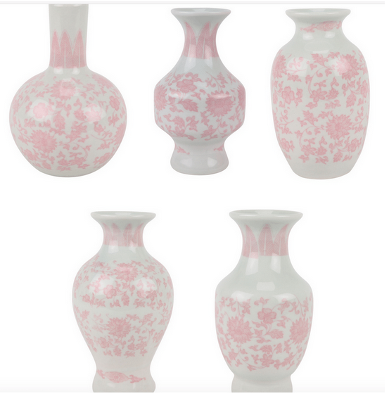 SET OF 5 MINI Pink AND WHITE BUD VASES