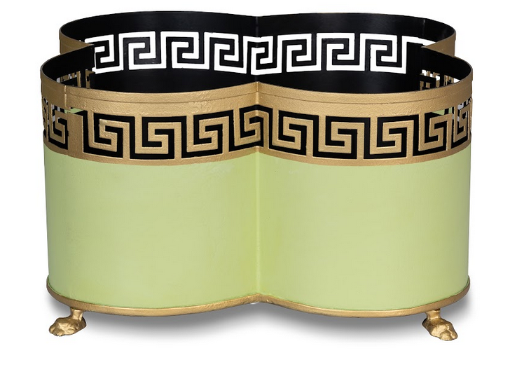 Grass Green & Gold Greek Key Boarder Quatrefoil Planter