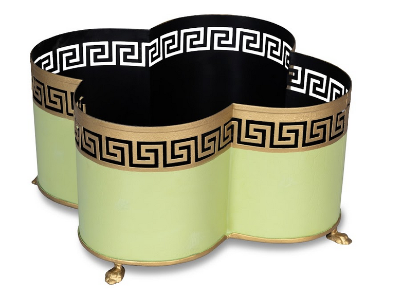 Grass Green & Gold Greek Key Boarder Quatrefoil Planter