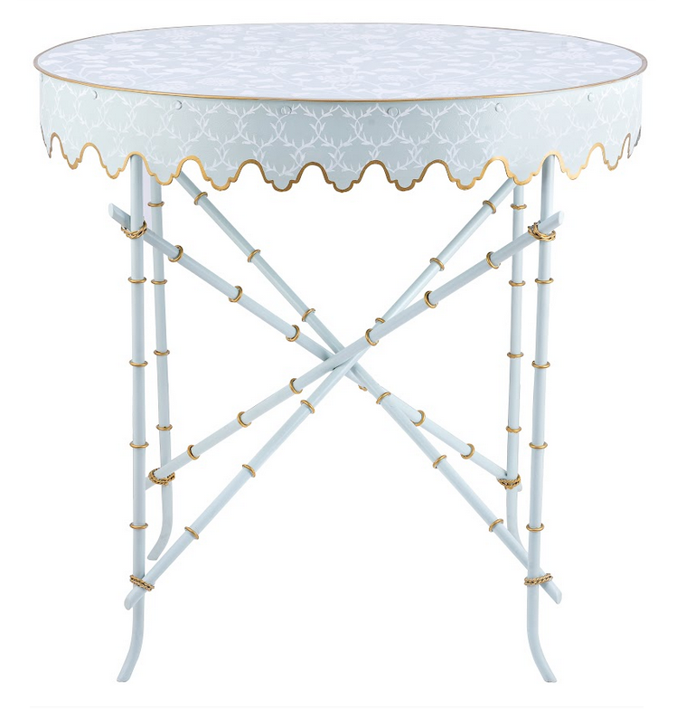 PALE BLUE & WHITE TRELLIS SCALLOPED TABLE