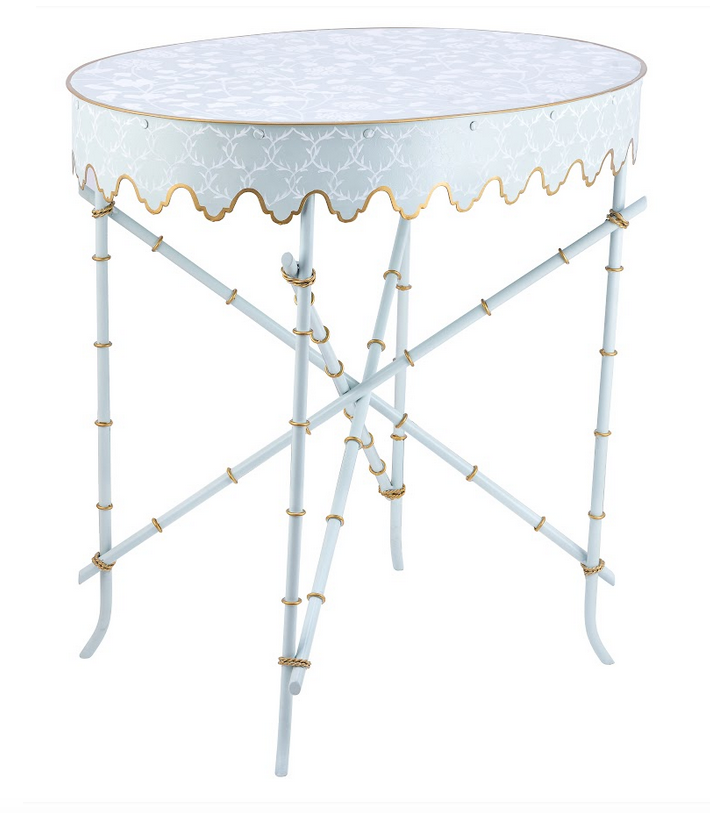 PALE BLUE & WHITE TRELLIS SCALLOPED TABLE