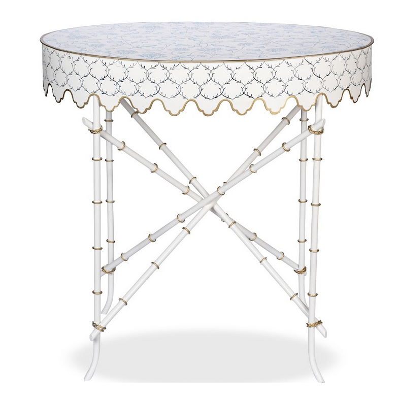 Ivory & Blue Trellis Oval Scalloped Table