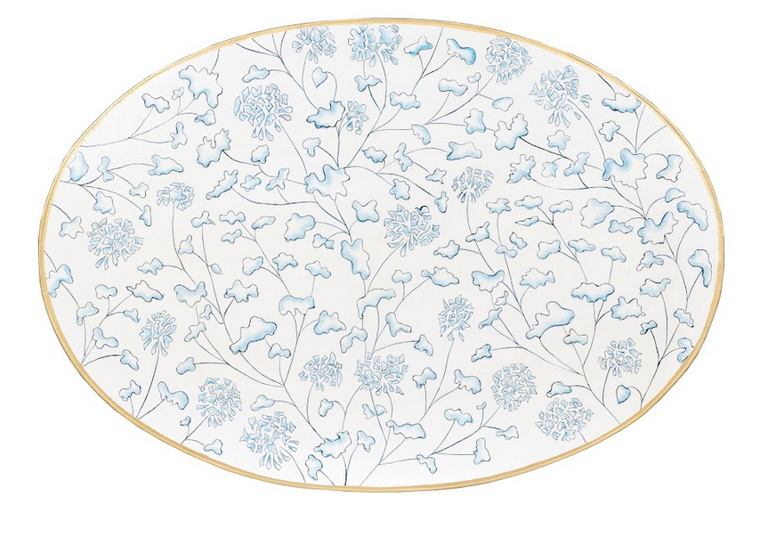 Ivory & Blue Trellis Oval Scalloped Table