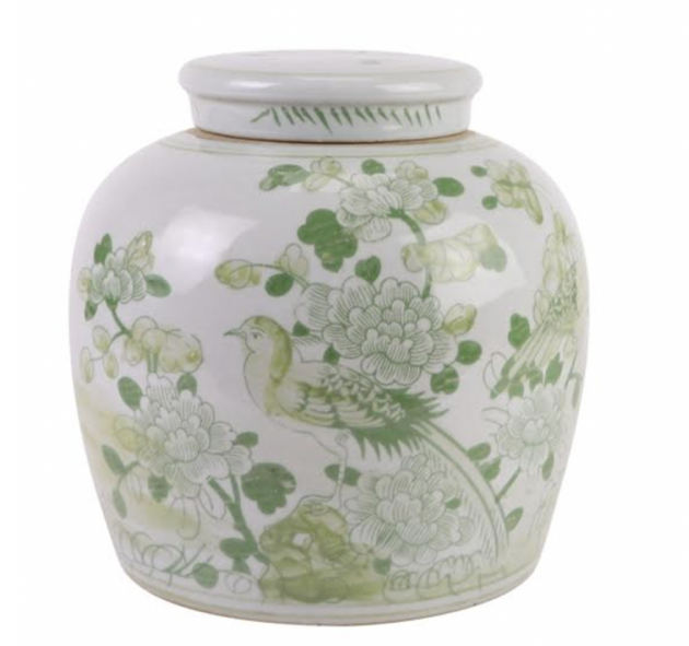 Soft green bird and floral flat top jar