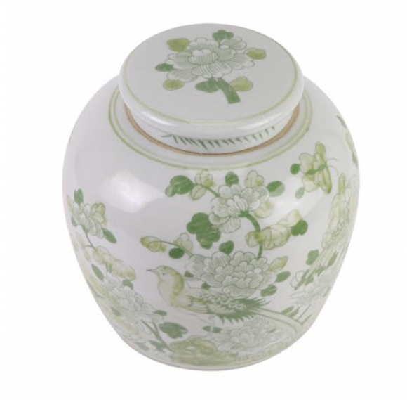 Soft green bird and floral flat top jar