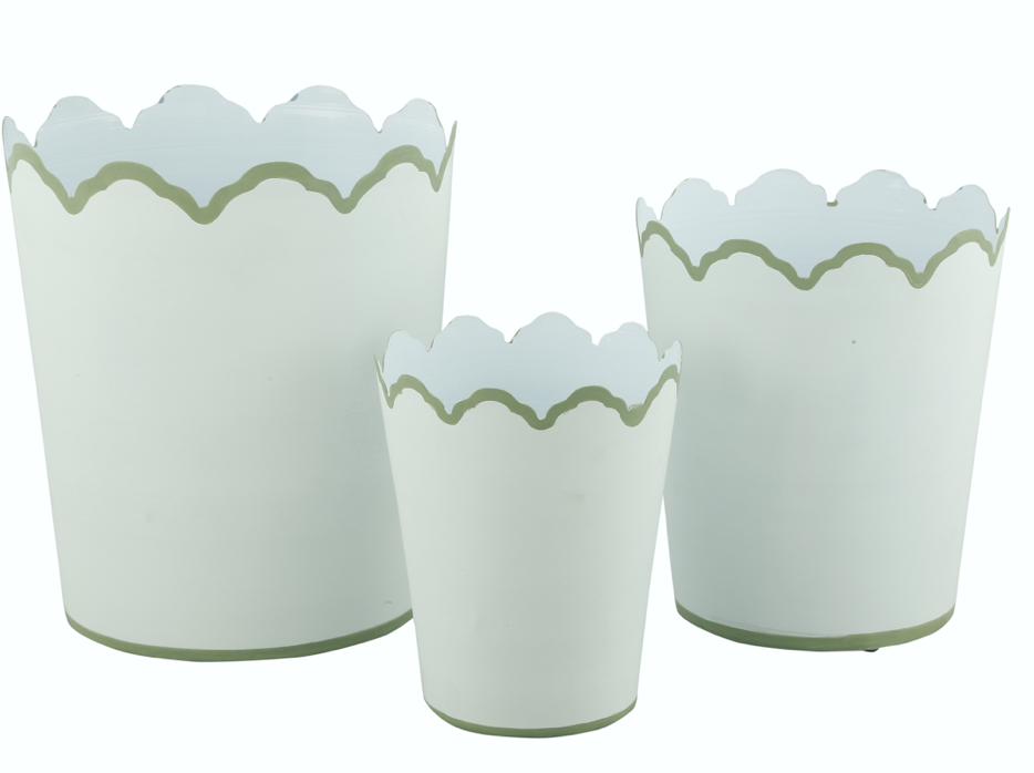 White & Soft Green Scalloped Planters