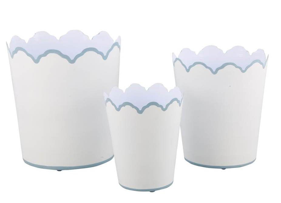 White & Pale Blue Scalloped Planters