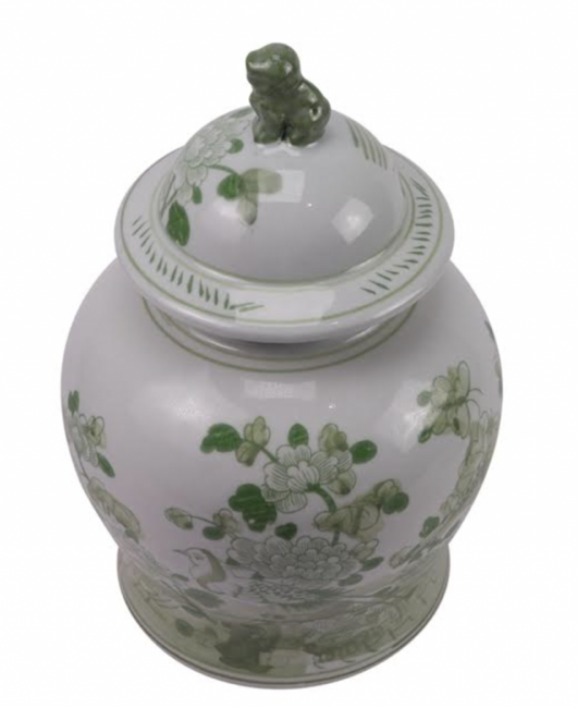 Mid Sized Green Floral and Bird Jar