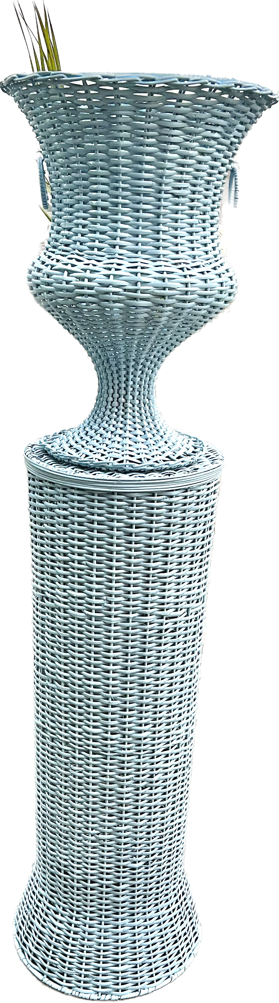 Pale Blue Large Round Wicker Urn and Pedestal