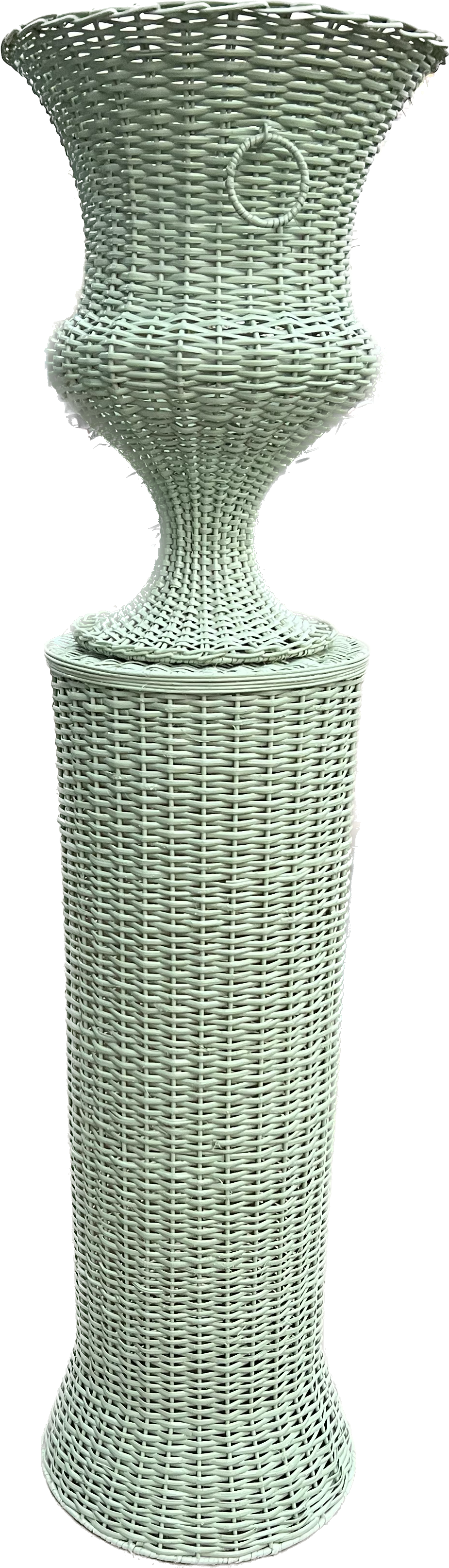 Soft Green Round Wicker Urn and Pedestal