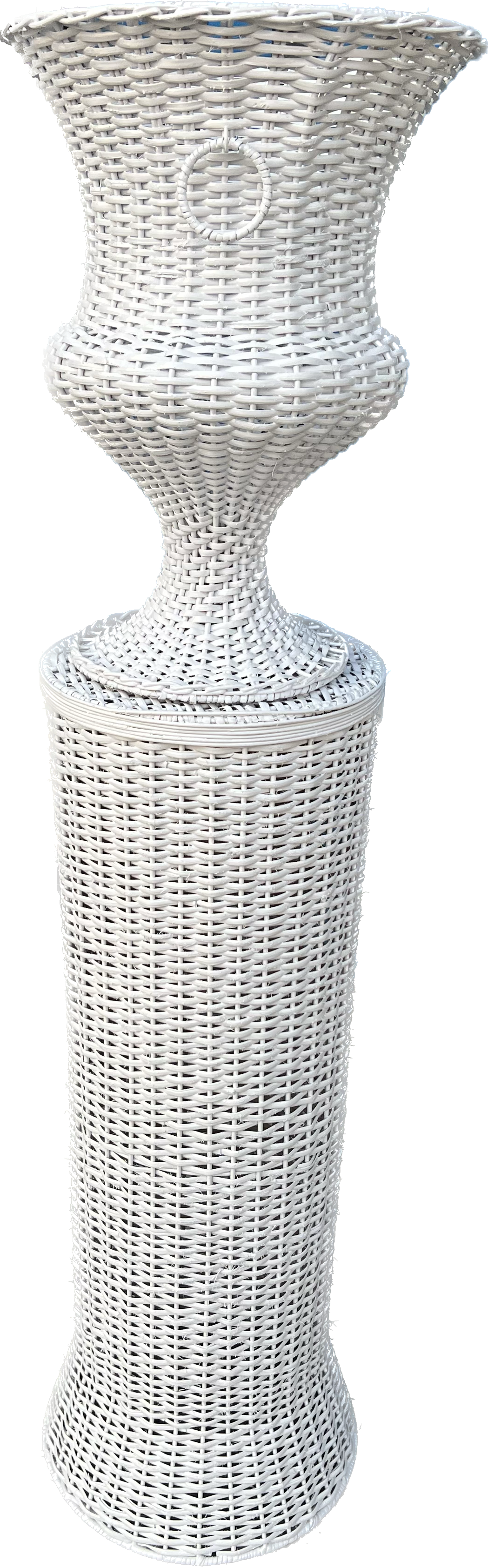 White Large Round Wicker Urn and Pedestal