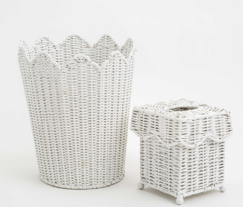 SCALLOPED White WICKER WASTEPAPER BASKET & TISSUE HOLDER