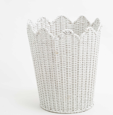 SCALLOPED White WICKER WASTEPAPER BASKET & TISSUE HOLDER