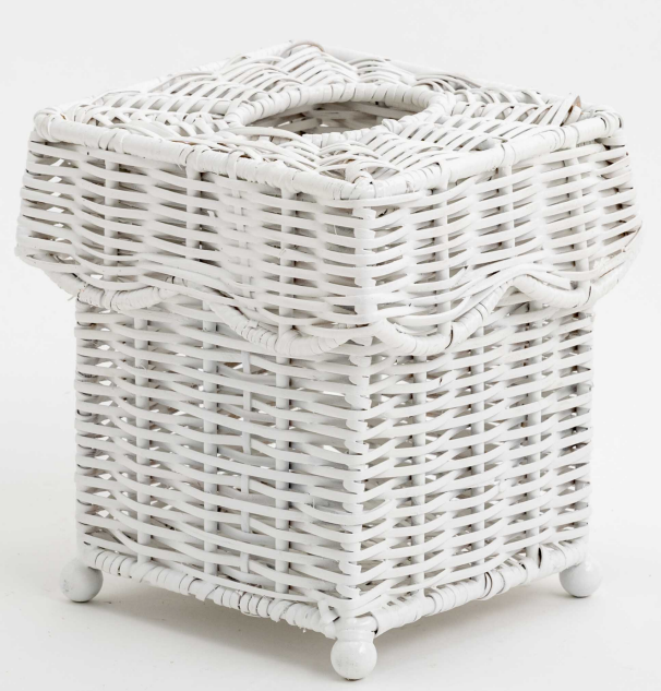 SCALLOPED White WICKER WASTEPAPER BASKET & TISSUE HOLDER