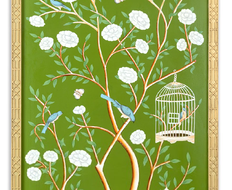 Moss Green AND MULTI COLOR Bird Cage CHINOSERIE MURAL