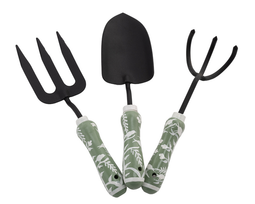 Set of 3 soft green chinoiserie gardening tools