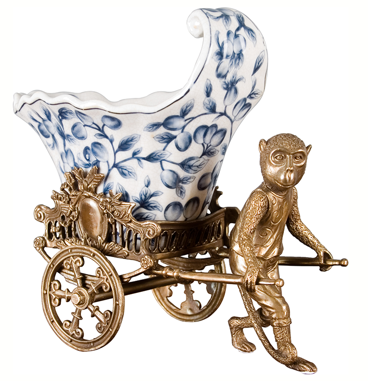 Gold Monkey Pulling Blue and White Floral Cart