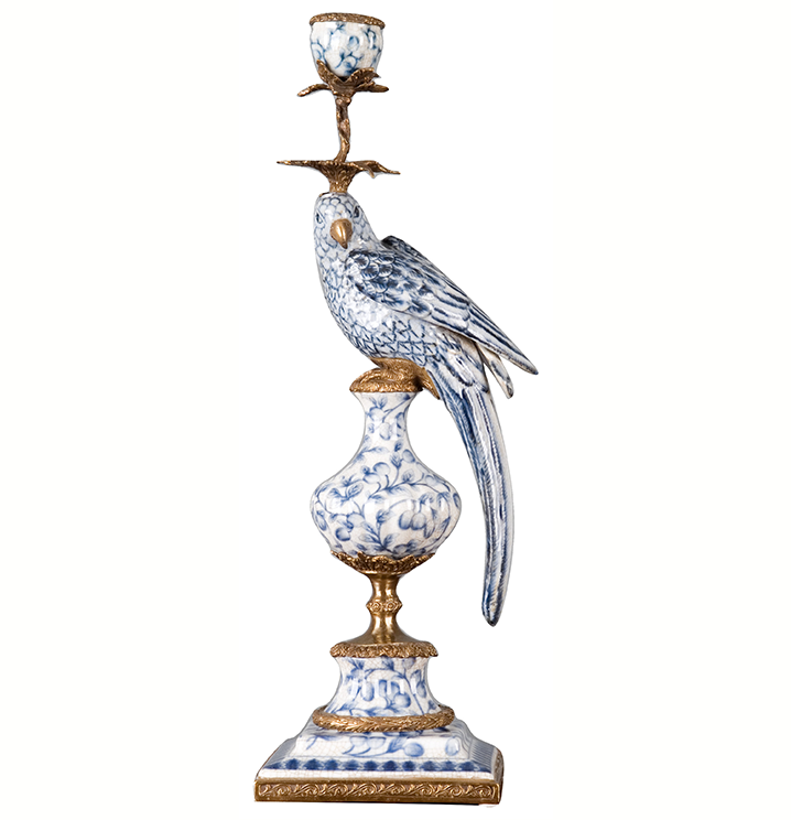 BLUE AND WHITE BIRD AND GOLD CANDLE STICK (LEFT)