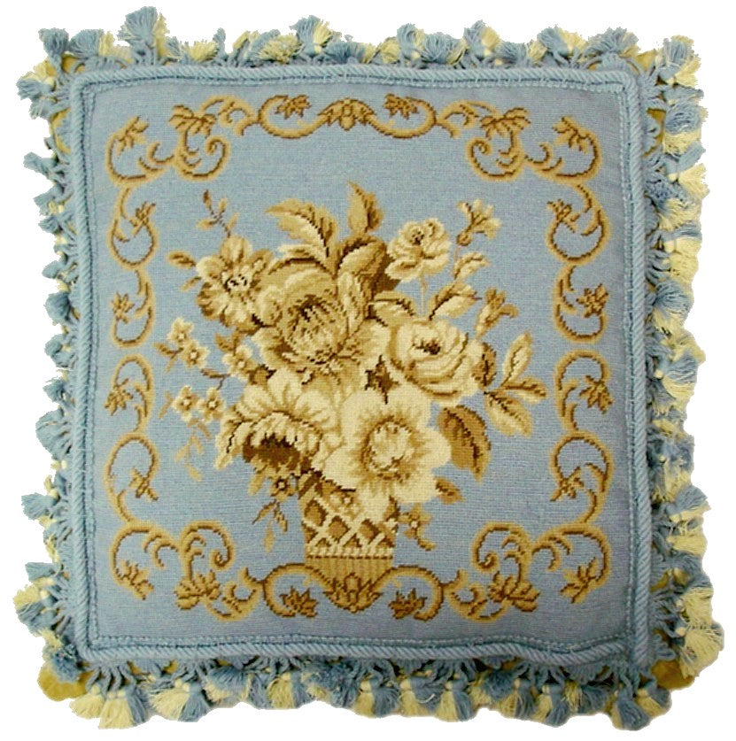 Beautiful wedgewood blue and gold floral needlepoint pillow