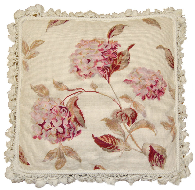 Gorgeous pink hydrangea/floral needlepoint pillow