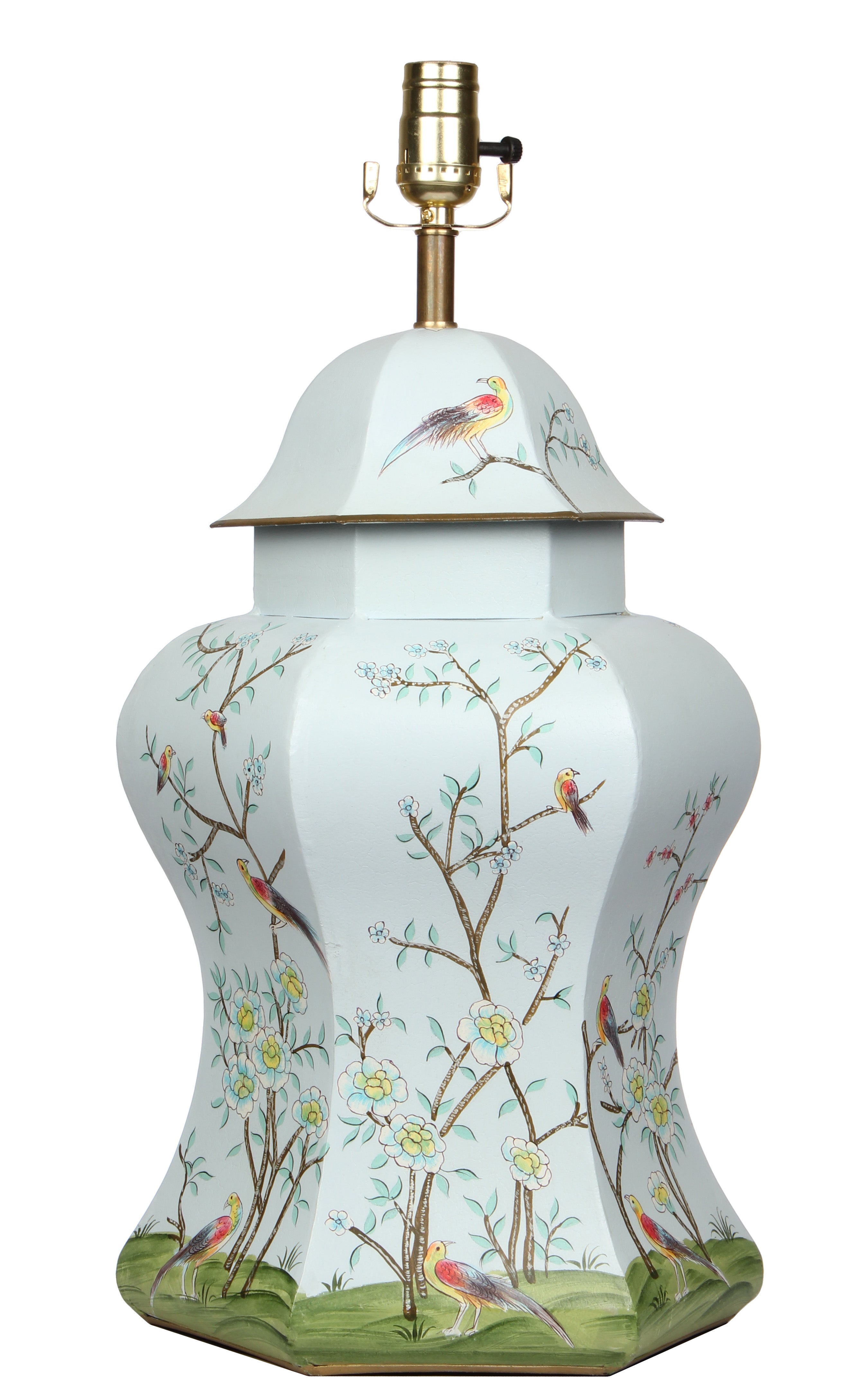 Spectacular scalloped lamp with all over chinoiserie scene in a pale powdery pale blue