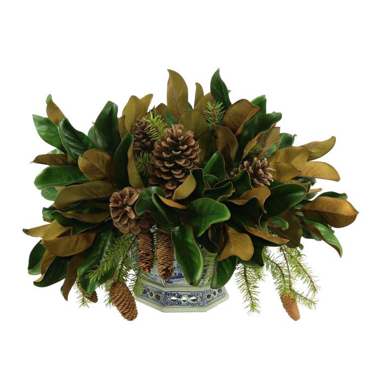 Magnolia & Pinecone Arrangement in Porcelain Hexagon Planter