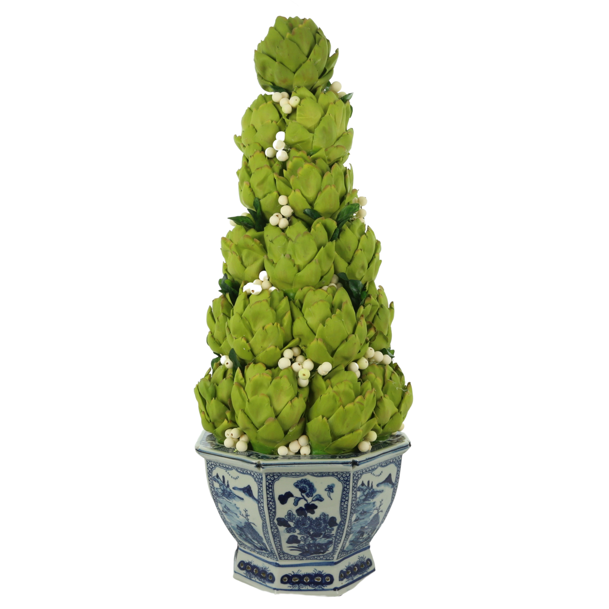 Artichoke Cone Topiary in Porcelain Hexagon Planter