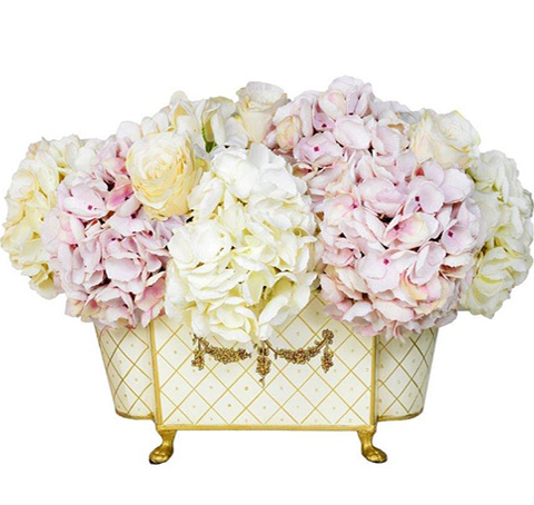 Pink and Cream Hydrangeas in Ivory and Gold Chinoiserie Tole Planter