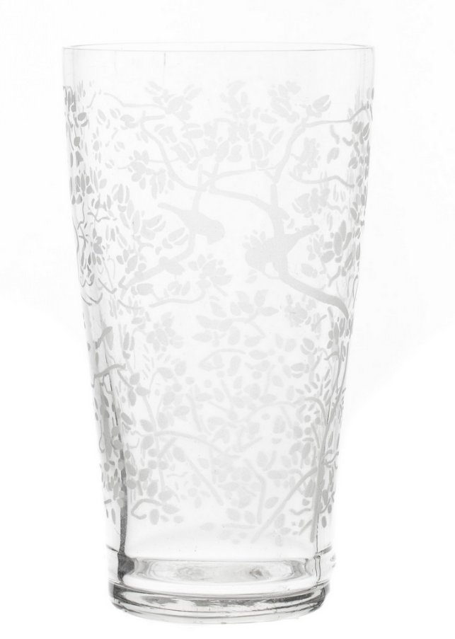 Etched Chinoiserie Bird and Floral High Ball Glassware