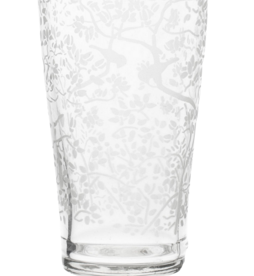 Etched Chinoiserie Bird and Floral High Ball Glassware