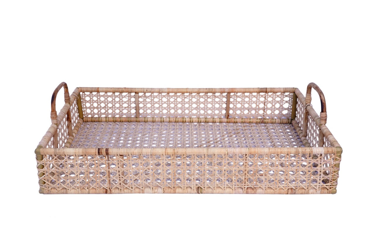 Large RECTANGULAR WOVEN CANE SERVING TRAY