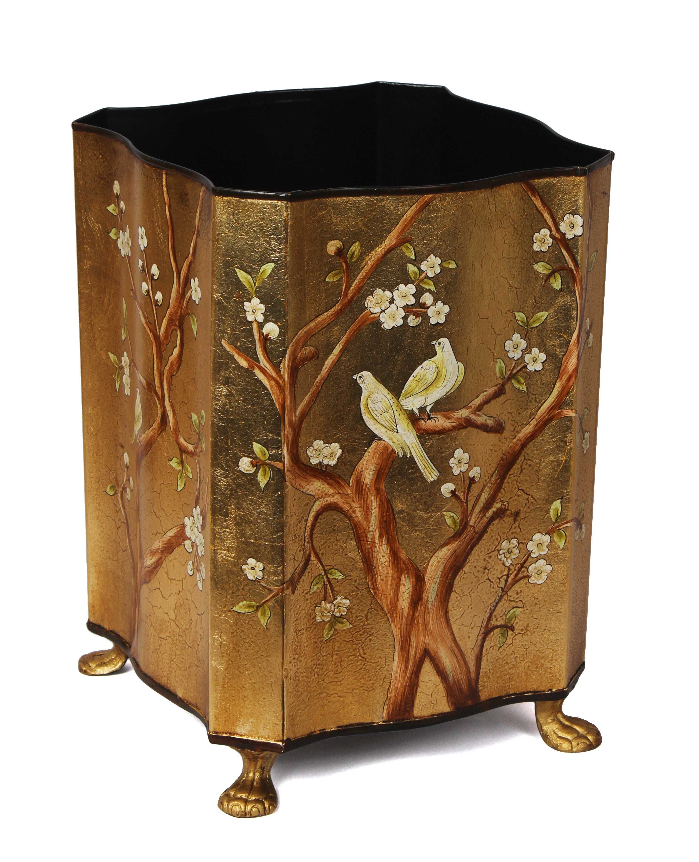 Square Scalloped Gold Leaf Chinoiserie Wastepaper Basket