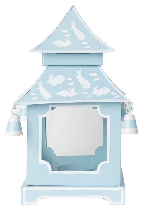 Fabulous pale blue/white bunnies handpainted pagoda lantern medium