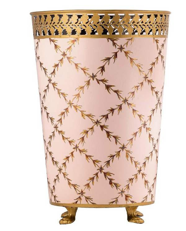 Pale Pink & GOLD TRELLIS W/ PIERCED LEAF WASTEPAPER BASKET