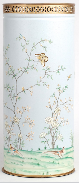 Pale Blue & Multi Color Round Chinoiserie Umbrella Stand