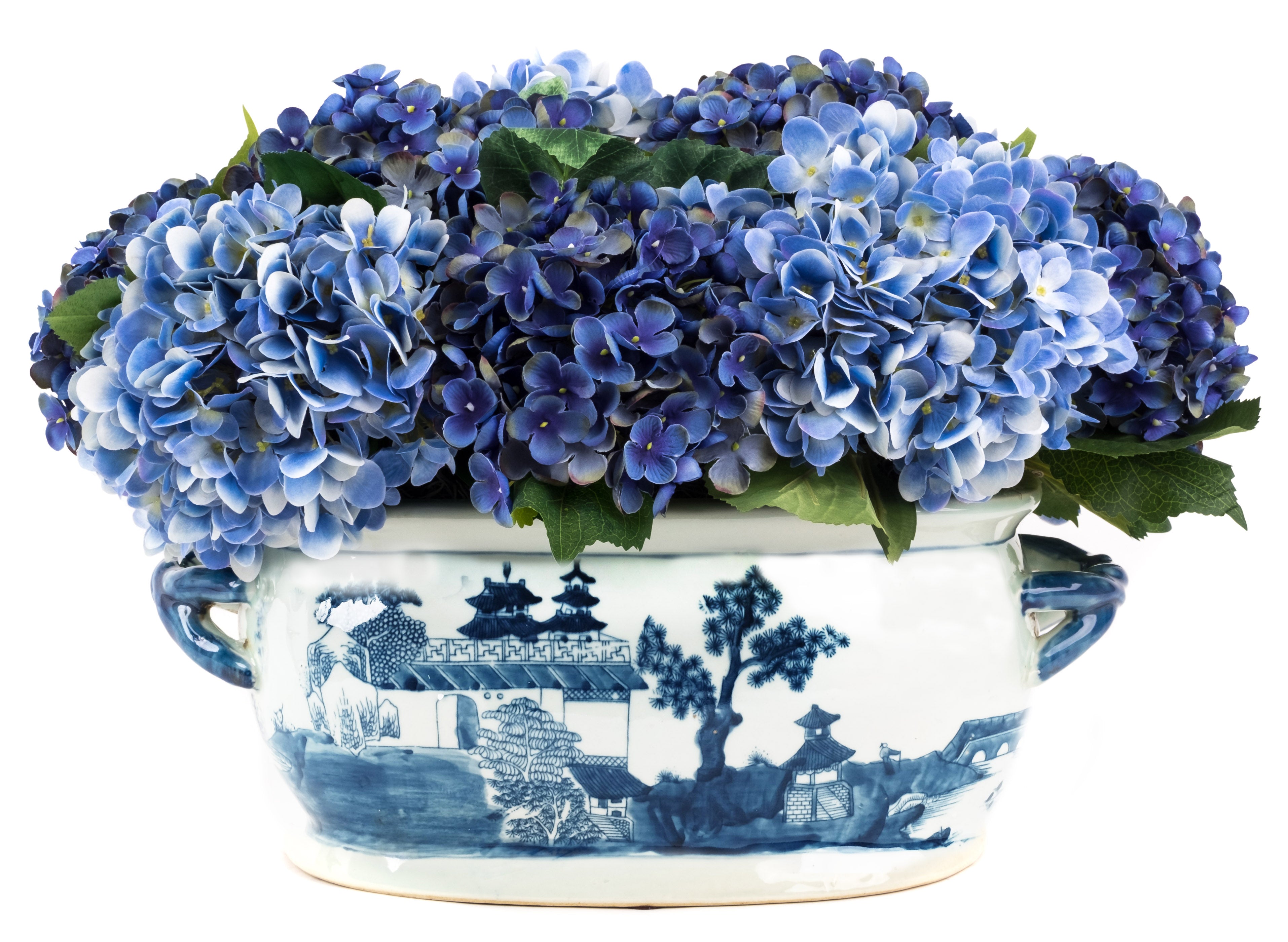 Blue Hydrangea arrangement In Oval Porcelain Fishbowl