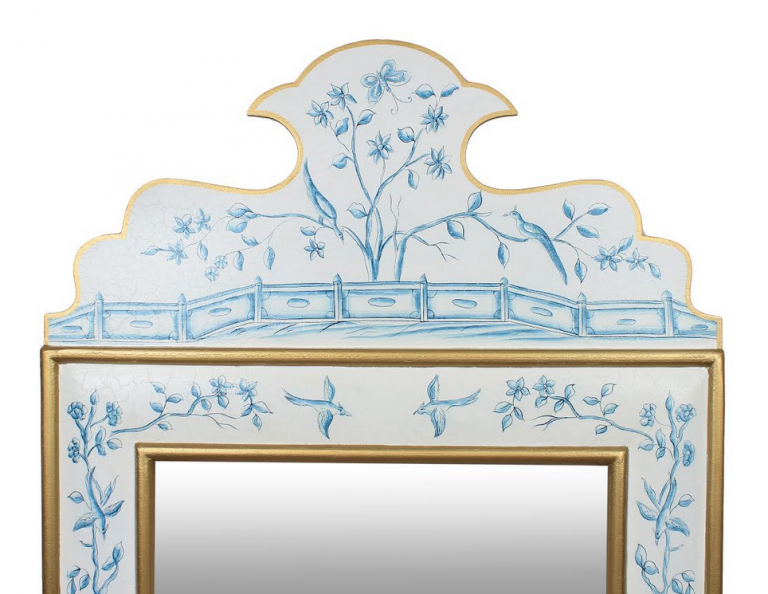 Ivory Blue and Gold Wide Floral Mirror