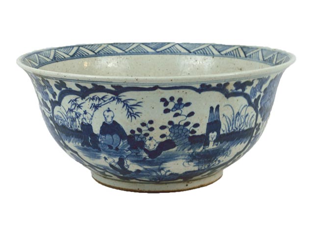 Antiqued Large Centerpiece Bowl in Figurines Pattern