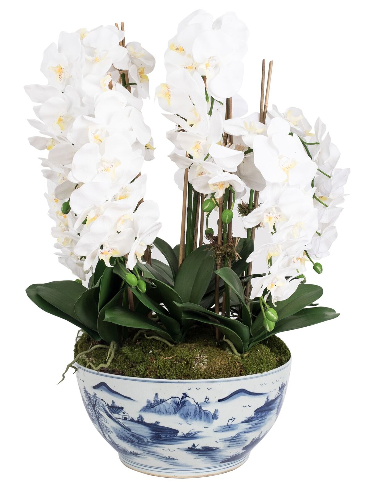 6 White Orchid Stems in Porcelain Village Scene Bowl